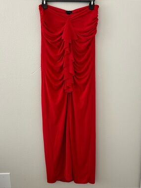 NBD Red Ruffle Ruched Strapless Dress Sz S High Front Slit Formal Party Wedding